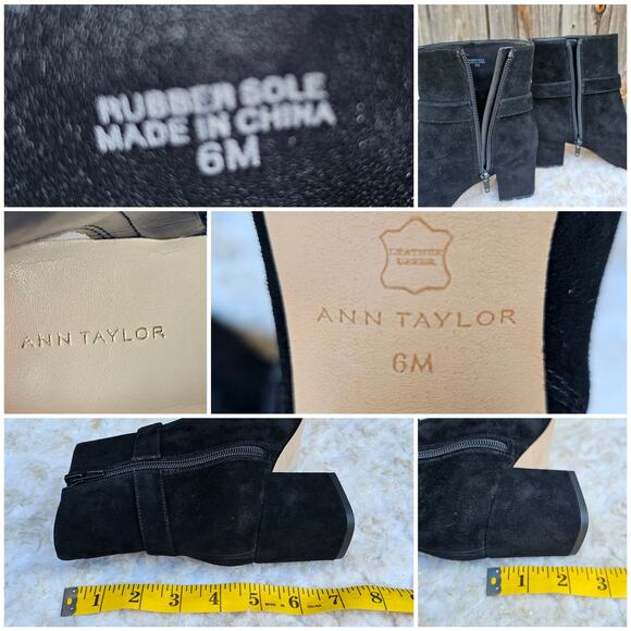 Black Suede Bootie Ann Taylor Breanna Size 6 Leather Harness Buckle Square Toe - Picture 8 of 13